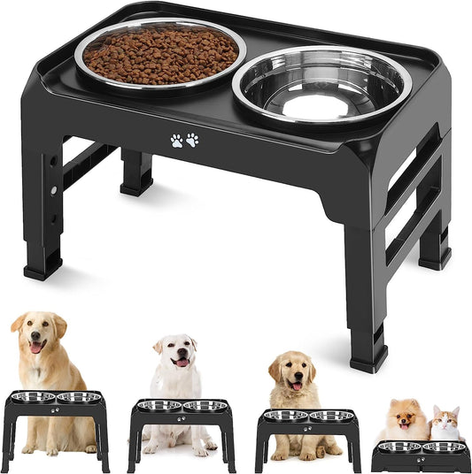 COMESOON Elevated Dog Bowls, 4 Height Adjustable Raised Bowl Stand with 2 Thick 50Oz Stainless Steel Food Bowls Non-Slip Feeder Adjusts to 3.7'', 9.2'', 10.75'', 12.36'' Black, (DB-W01)