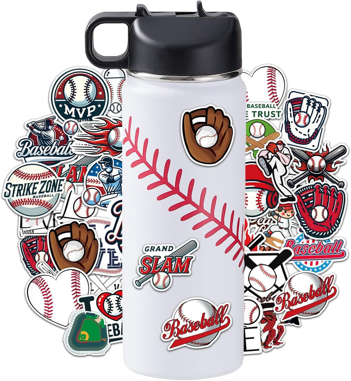 Baseball Water Bottle, 100 Stickers, School Gift for Boys, 18 Oz