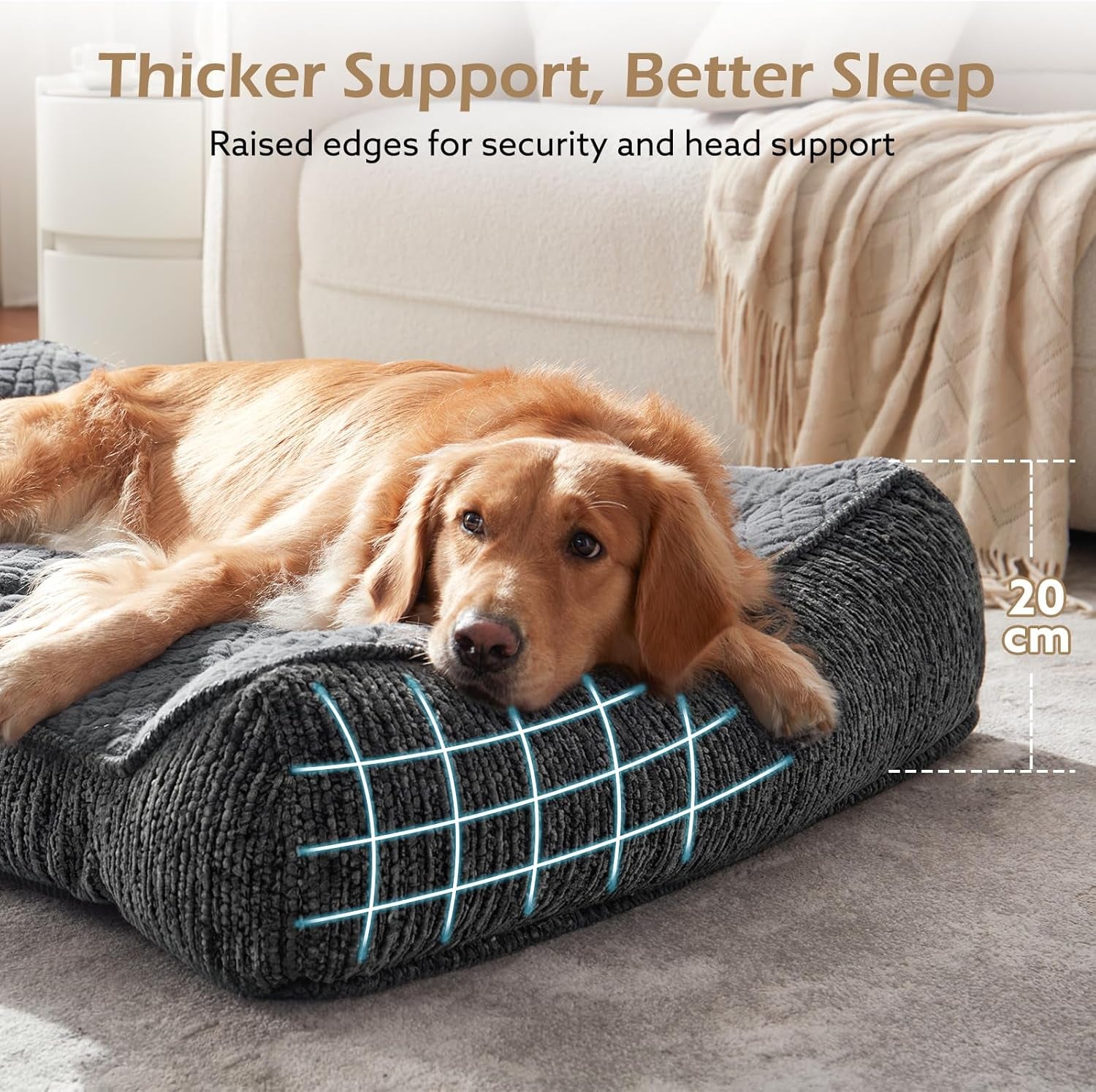 JOEJOY XL Orthopedic Dog Bed for Large Dogs up to 80Lbs - Extra Thick Foam Pet Bed Sofa with Bolster Sides, Large Sized Dog Couch Bed with Removable Washable Cover, Non-Slip Bottom, Grey (42"X30")