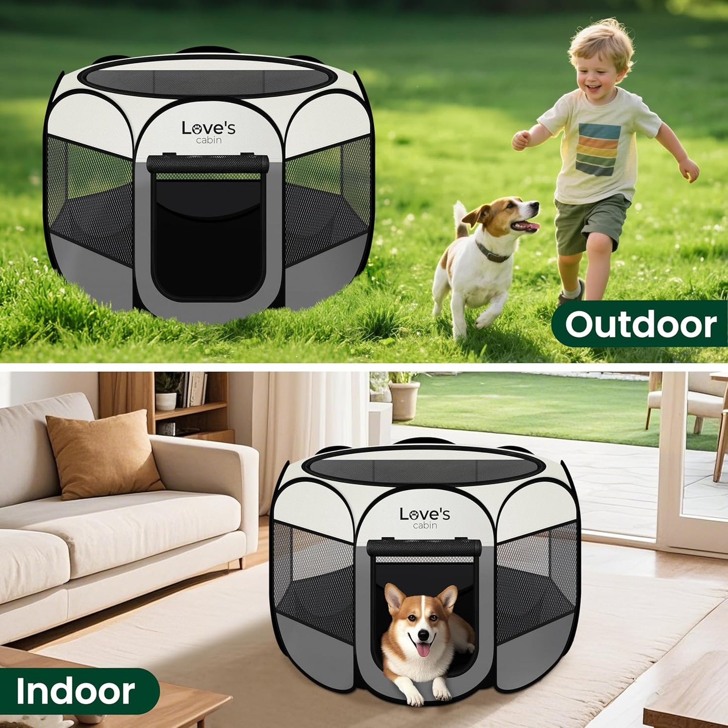 Love'S Cabin Pet Puppy Dog Playpen, Medium Dog Tent Crates Cage Indoor/Outdoor, Portable Playpen for Cat, Foldable Pop up Dog Kennel Playpen with Carring Case, Removable Zipper Top, Grey