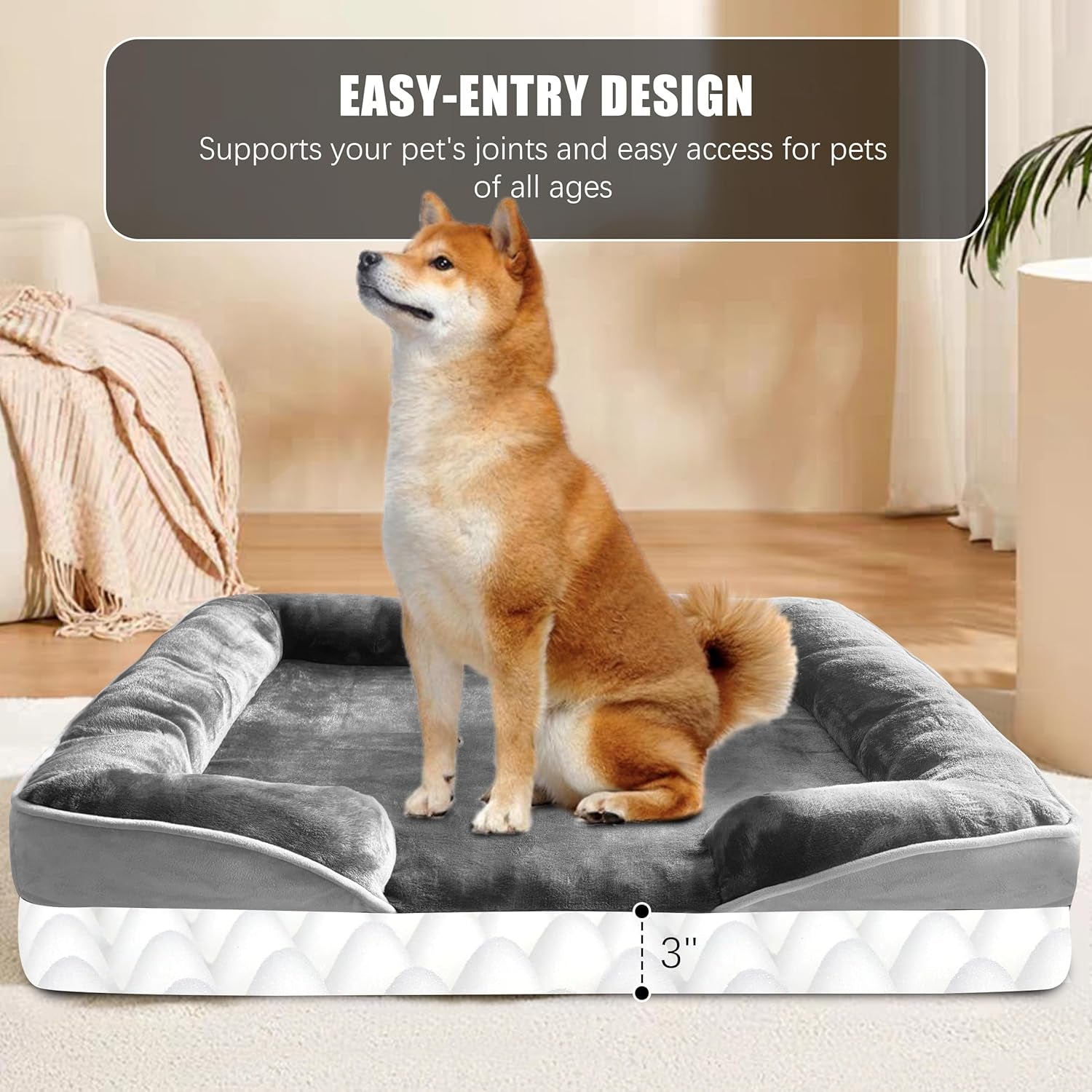 Spotted Play Orthopedic Dog Bed with Sides - Dog Sofa Beds for Large Dogs, Supportive Foam Pet Couch Bed with Washable Removable Cover, Waterproof Lining and Non-Slip Bottom, Grey - L