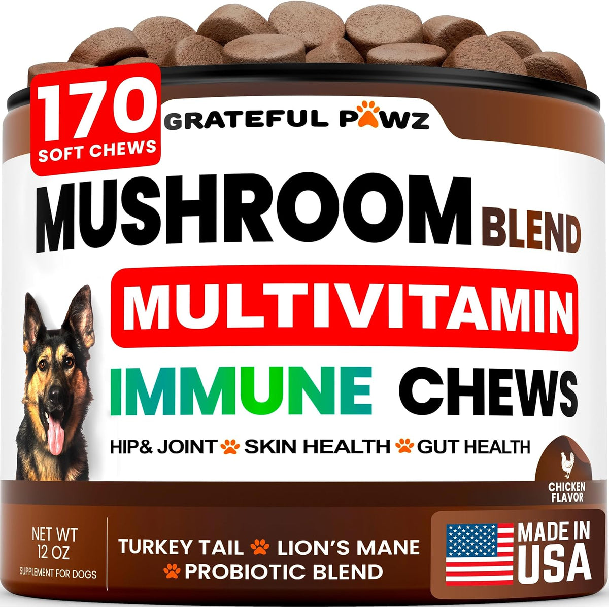 Turkey Tail Mushroom Supplement for Dogs - Multivitamin for Dogs, 170 Chews