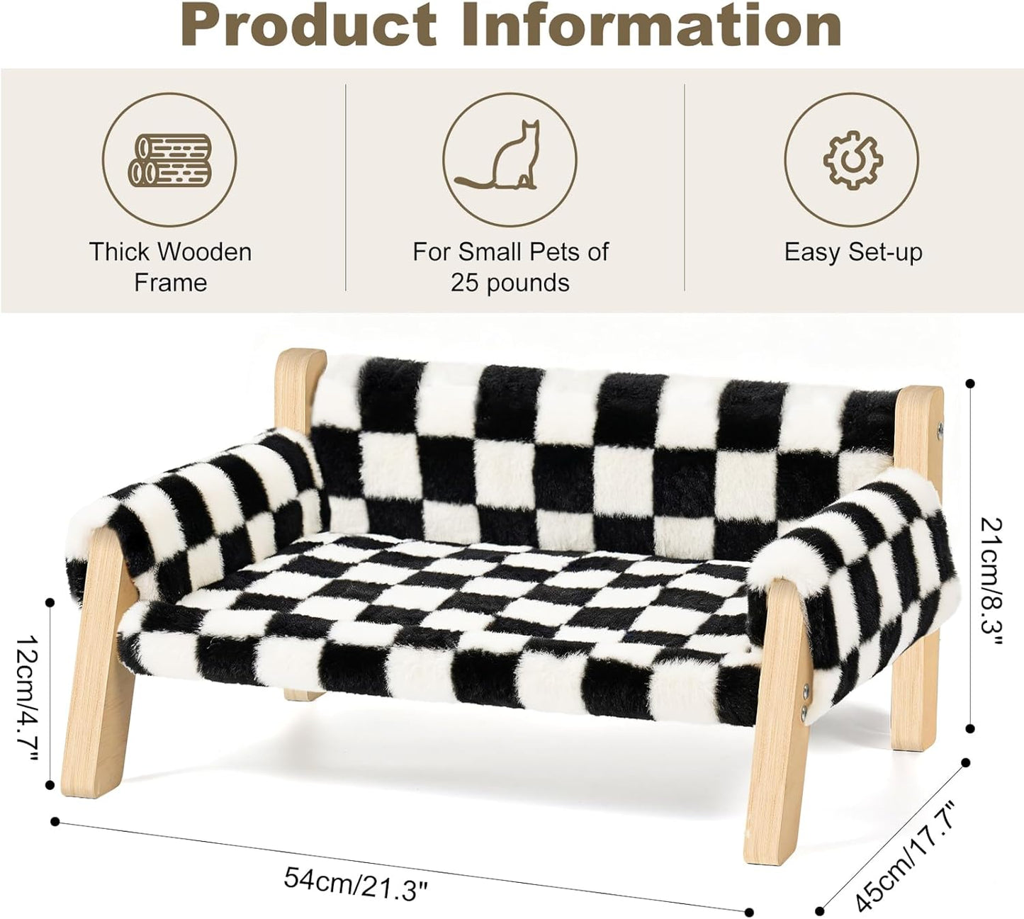 FAMIDGE Elevated Cat Couch Bed for Indoor Cats - Wooden Pet Sofa with Removable Washable Thick Cover Raised Kitty Lounge Chair Suitable for Puppy or Small Animals(Cat Sofa Chessboard)