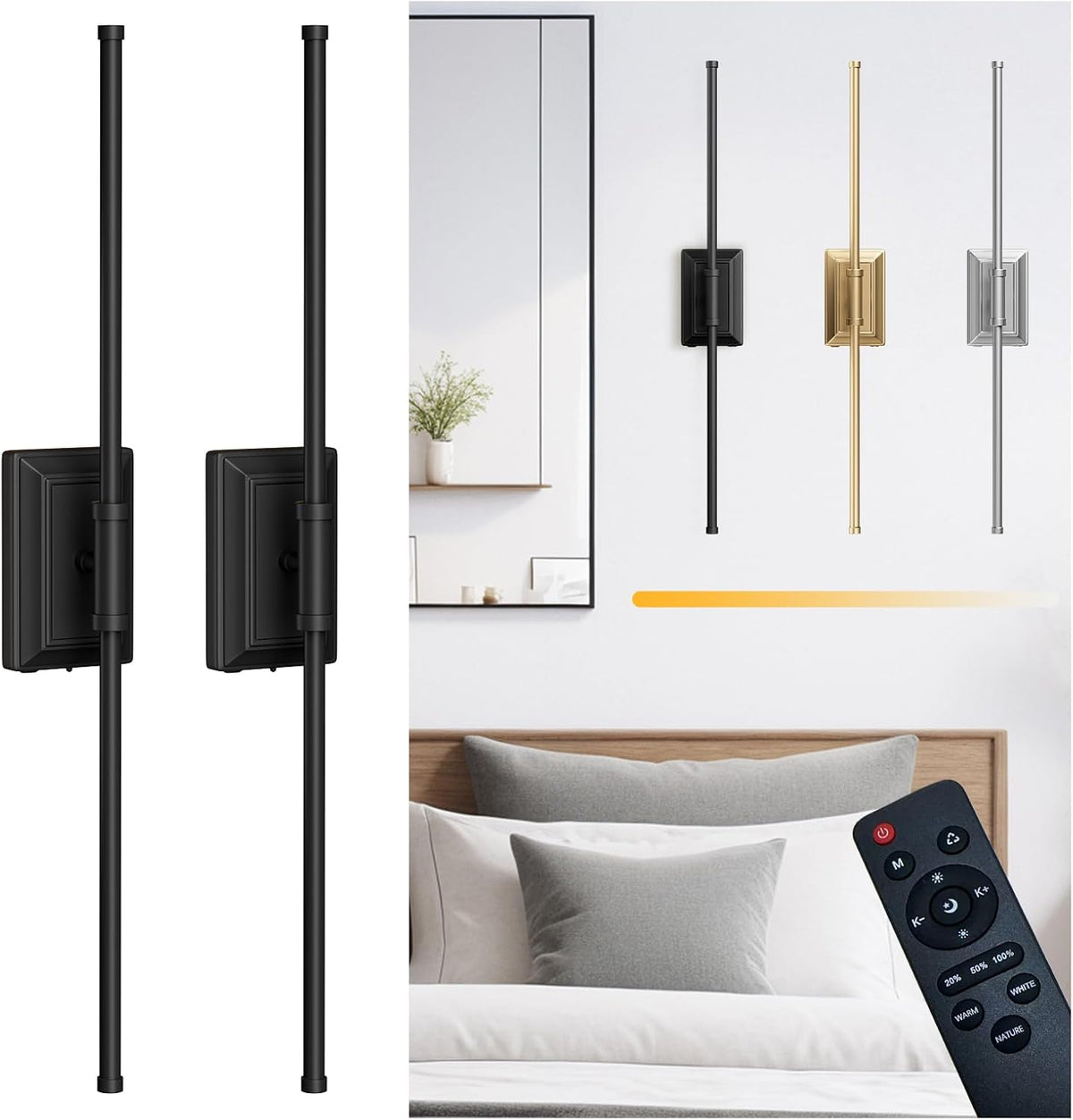 Battery Operated Wireless Wall Sconce - Rechargeable Led Sconces Set of Two