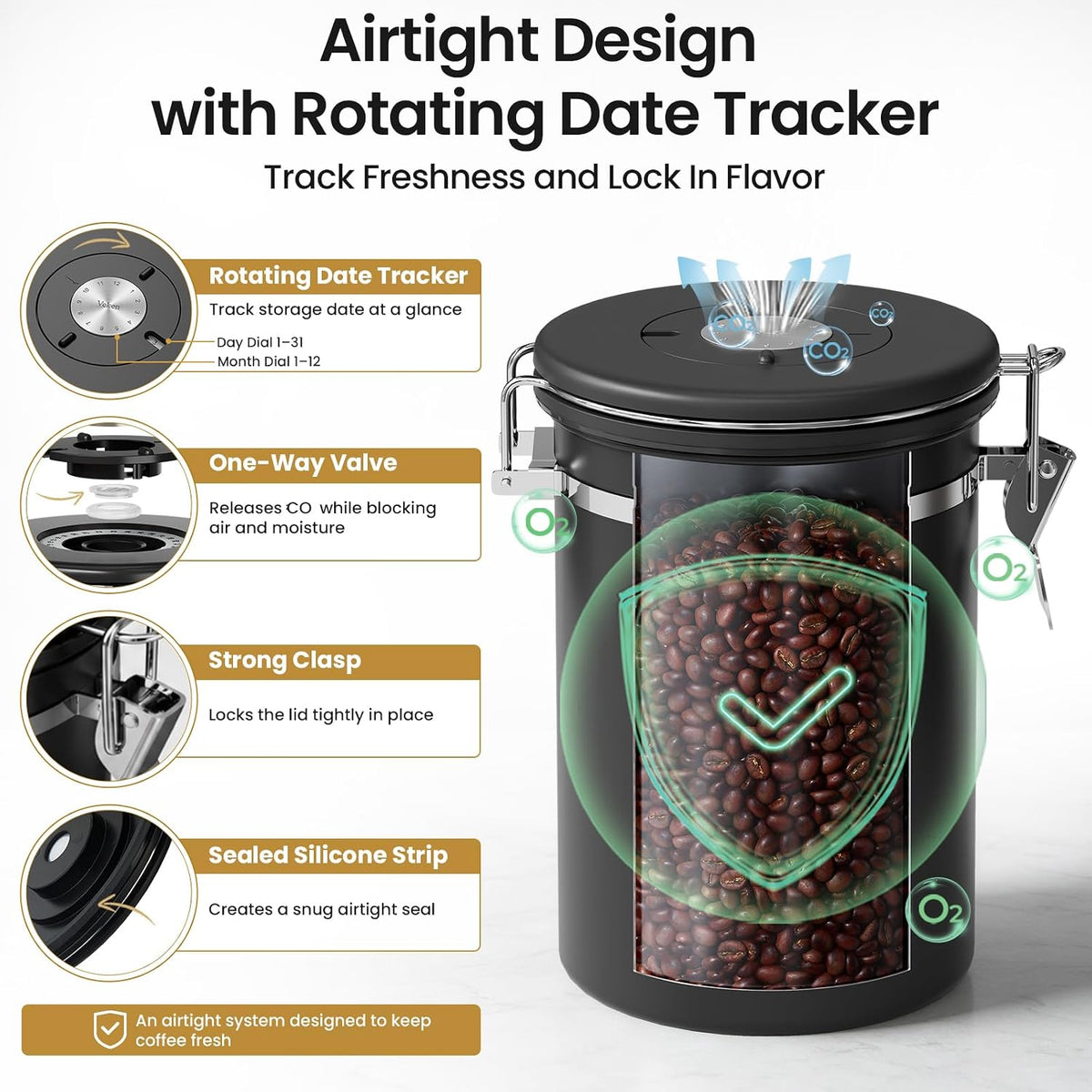 Veken Coffee Canister with Window, Airtight Stainless Steel Container, 22OZ