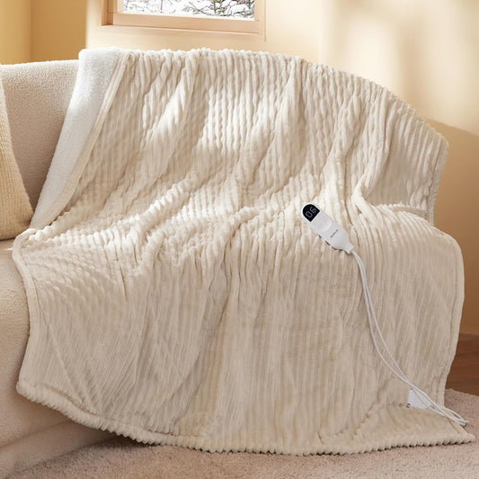 Bedsure Ribbed Heated Blanket Throw, Cream Electric Blanket, Preheat