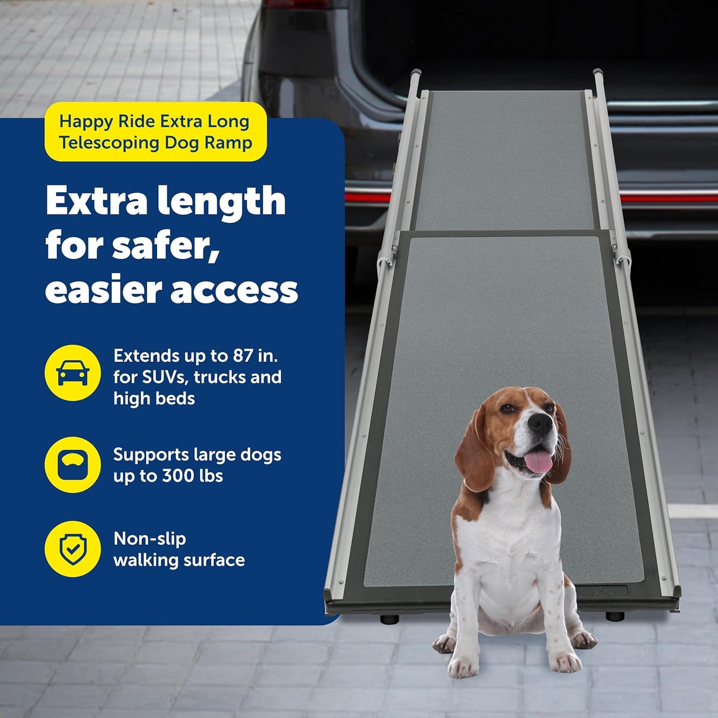 Petsafe Happy Ride Compact Telescoping Dog Ramp - Portable Pet Ramp for Cars, Trucks & Suvs with Adjustable Sizing - Non-Slip Design - Lightweight Pet Mobility Assistance - Extra Long