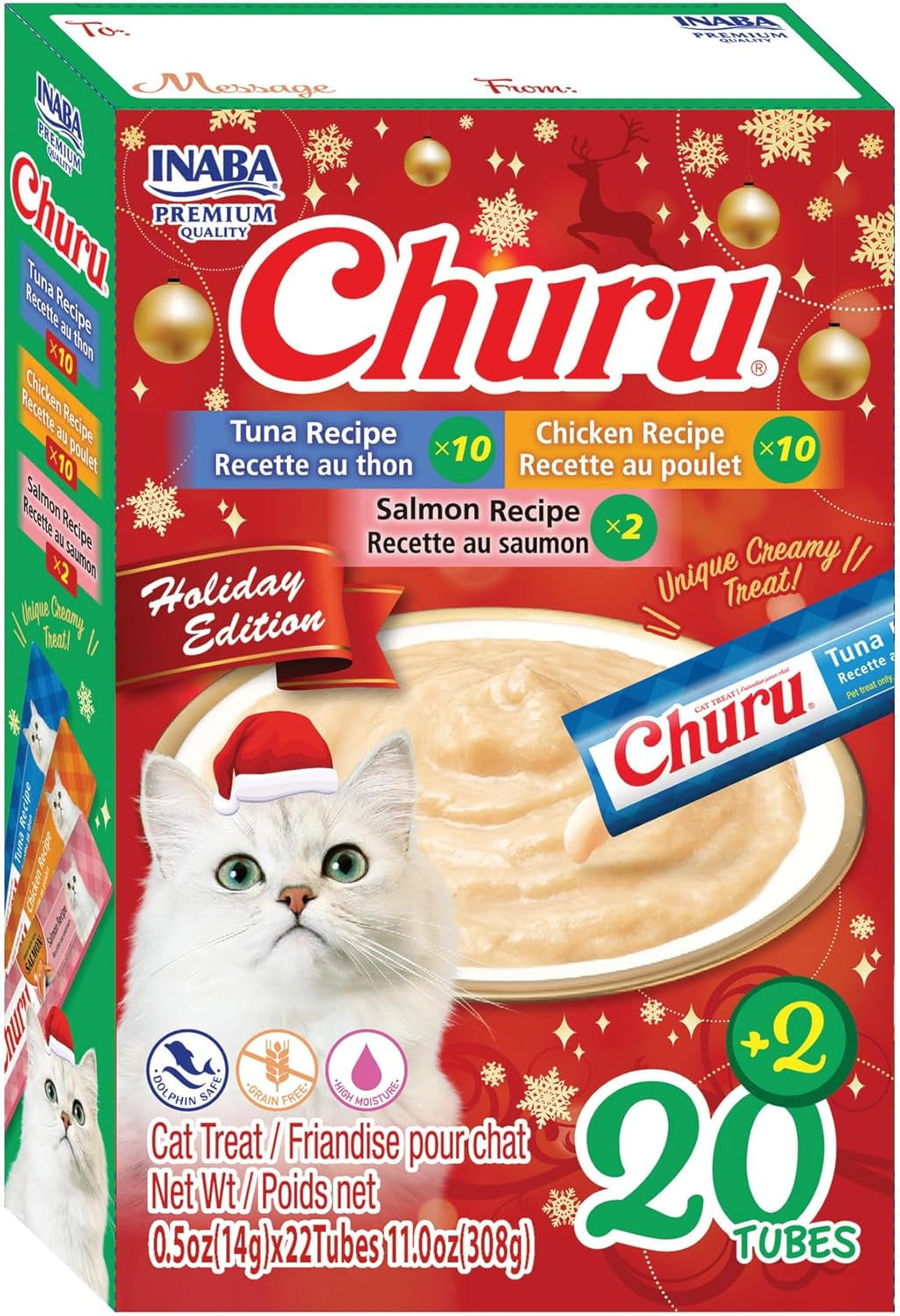 INABA Churu Cat Treats, Lickable, Squeezable Creamy Purée Cat Treat with Vitamin E, 0.5Oz Each Tube, 22 Tubes, Holiday Variety Pack
