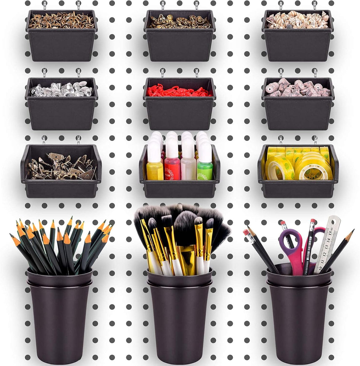 Pegboard Bins Cups with Hooks & Loops 12 Pack Peg Board Organizer (Black)