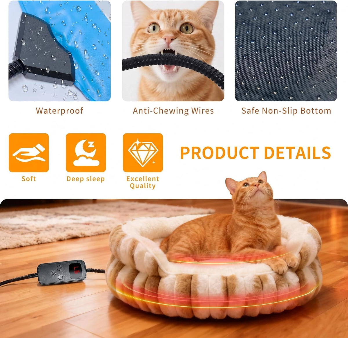 Cat Heated Bed, Electric Washable Pet Bed for Indoor Cats Small Dogs, Anti-Bite & Waterproof Design Deep Sleep Calming Thermal Bed with Adjustable Heating Pad,51×51×17Cm