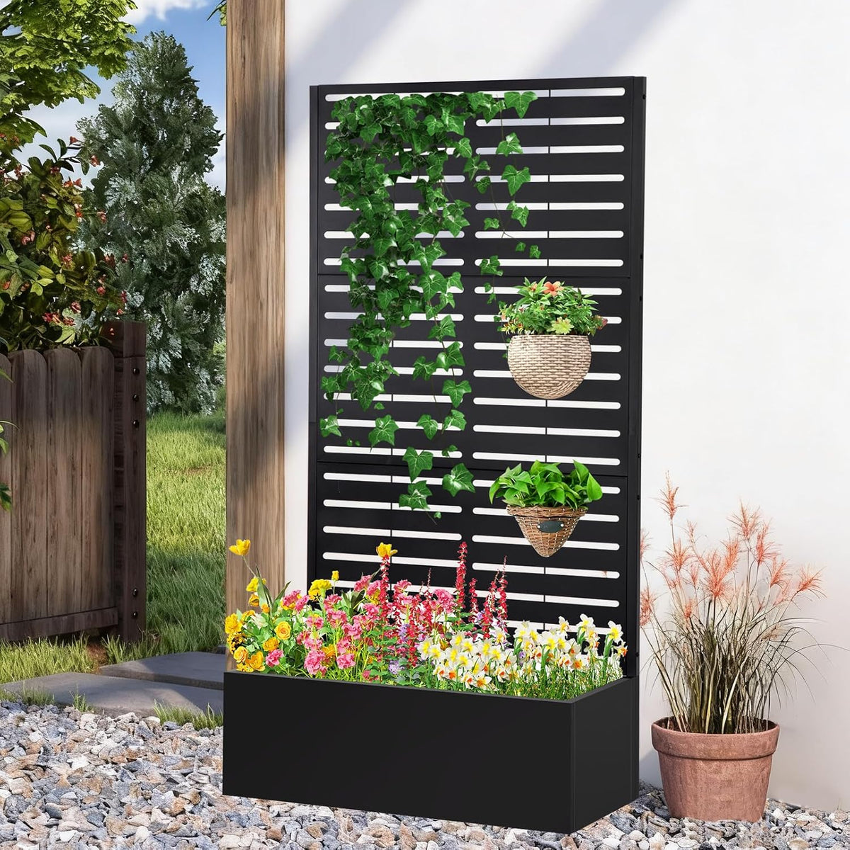 Metal Raised Garden Bed with Trellis,Planter Box for Climbing Plants, Vegetables & Vines, Features Drainage Holes and Privacy Screen.Raised Garden Beds Outdoor Planters for Porch (Black, 71"X35"X16")