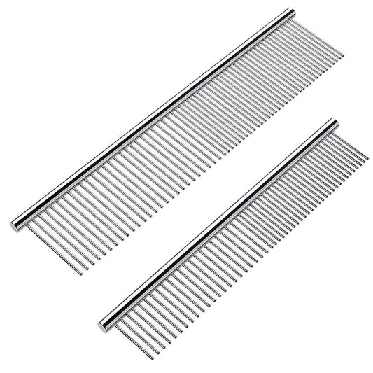 Cafhelp 2 Pack Dog Combs with Rounded Ends Stainless Steel Teeth, Cat Comb for Removing Tangles and Knots, Professional Grooming Tool for Long and Short Haired Dog, Cat and Other Pets, 6.3IN/7.4IN