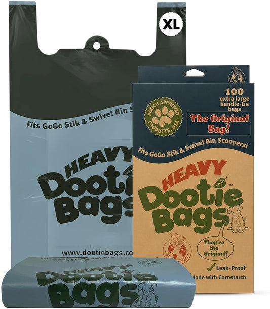 HEAVY Dootie Bags with EZ Tie Handles. Clean and Convenient for Pet Dog Poop, Cat Litter. Multi-Use. Great for Swivel Bin and Gogo Stik Scoopers. Made with Cornstarch. Strong, Leakproof and Very Large