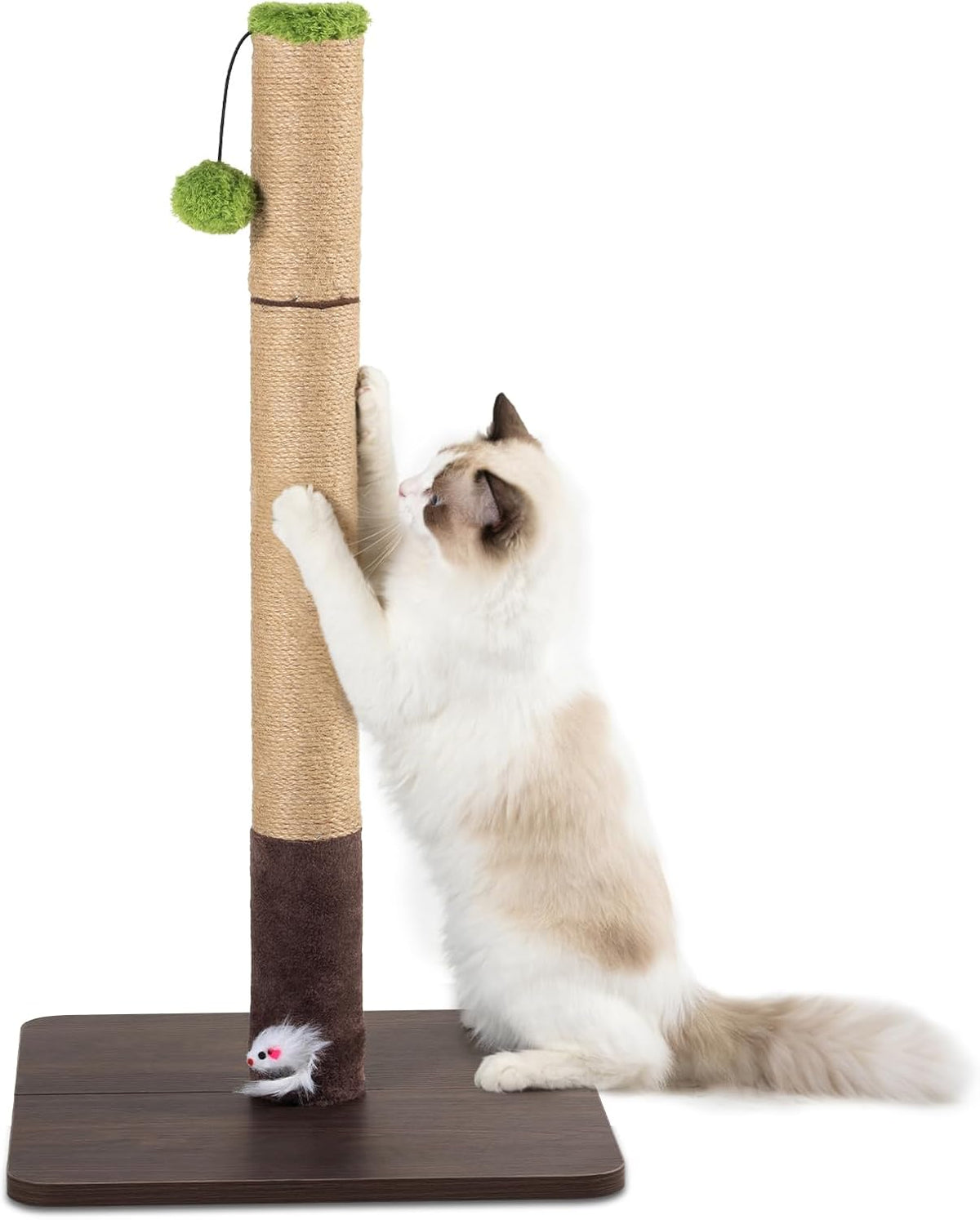 Tall Cat Scratching Post, Natural Sisal Cat Scratcher with Large Wooden Base, Interactive Hanging Pom-Pom Ball & Plush Mouse Toy, Stable Cat Furniture for Indoor Cats & Kittens