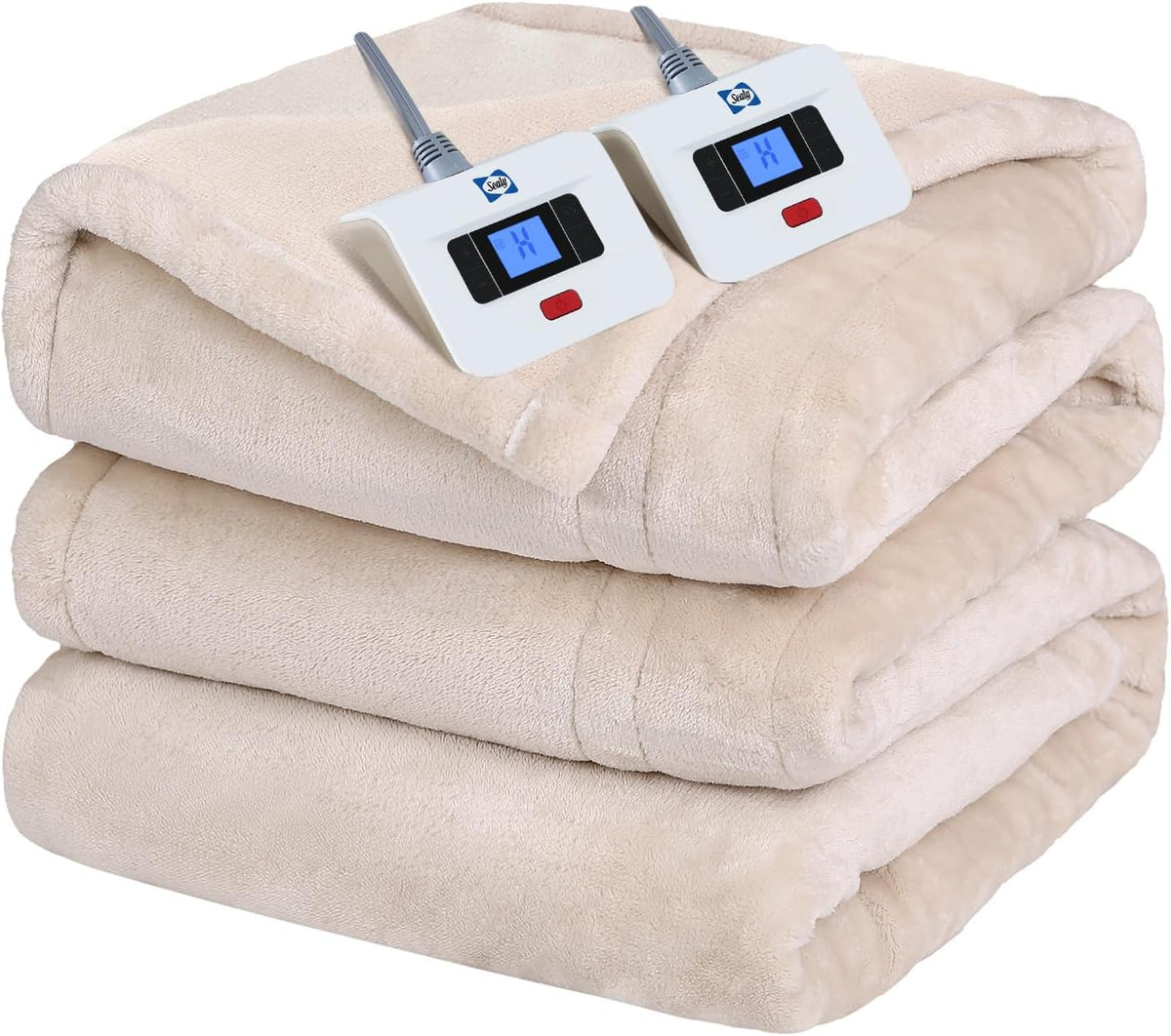 Sealy Electric Blanket King Size Dual Control Flannel Auto Shutoff, Beige