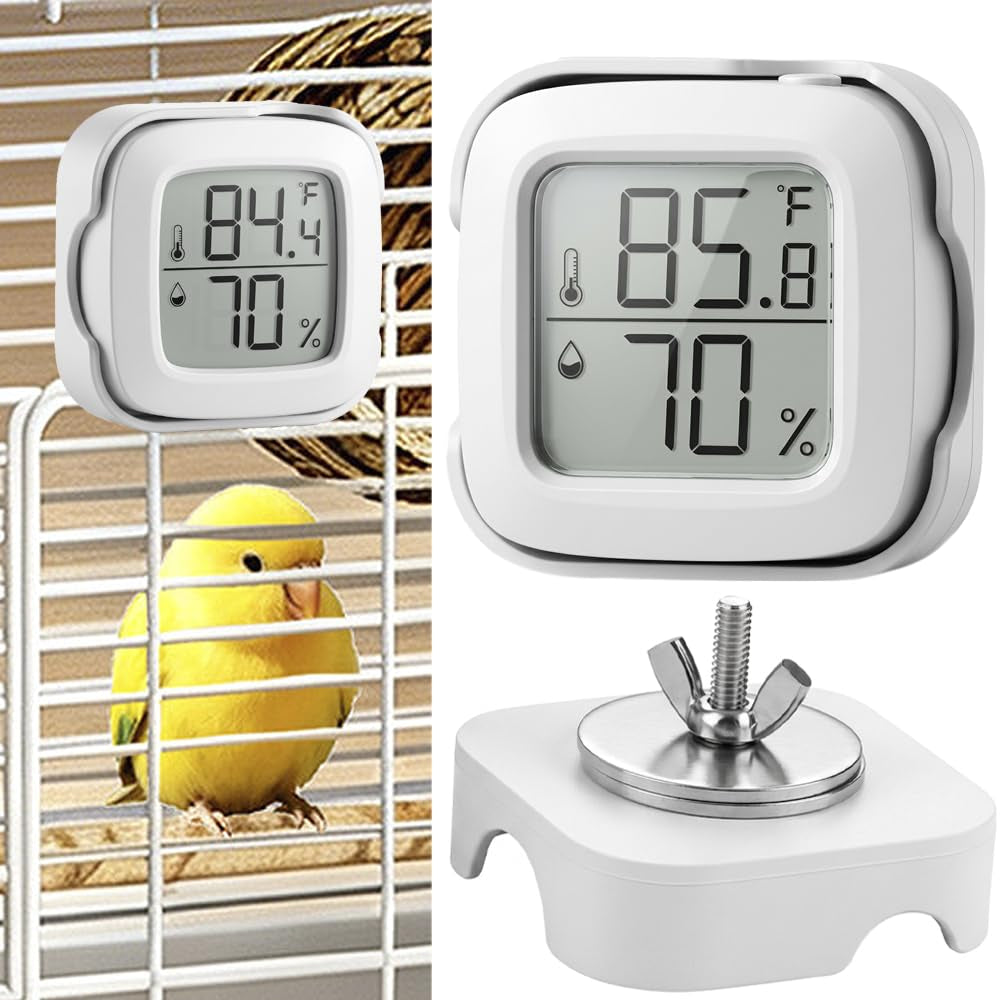 Bird Temperature and Humidity Monitor with Magnet Protective Case Digital Thermometer Hygrometer for Parakeet Hamster Hamsters Rabbits Cat Cage (White)