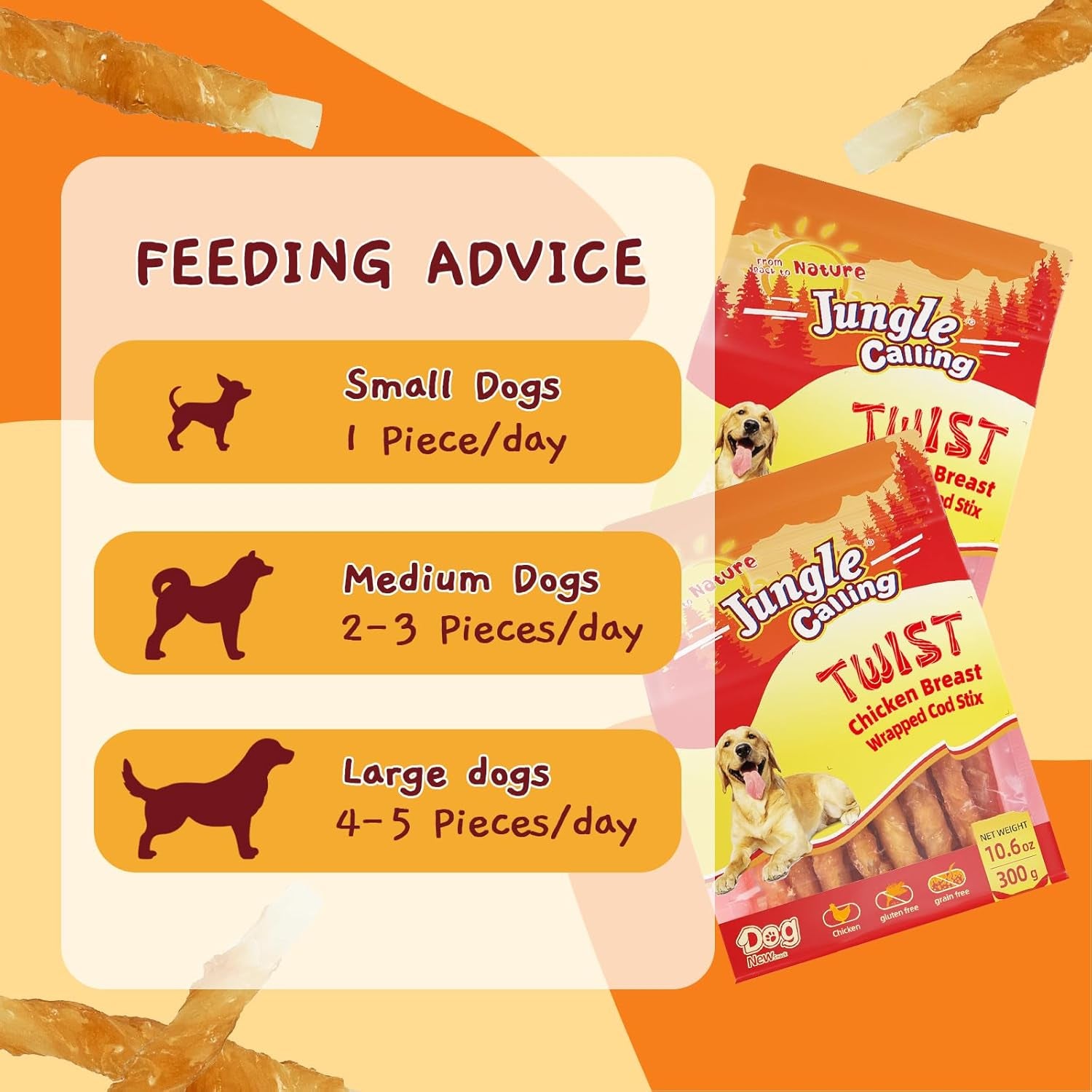 Jungle Calling Rawhide Free Dog Chews, Chicken Wrapped Cod Sticks Dog Treats, Easily Digestible Dog Snacks, Soft Chewy Training Treats for Small & Medium Dogs, 10.6 Oz