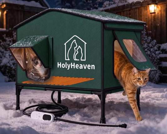 Extra Large PU Leather Heated Cat House for Outside, Waterproof Cat Houses for Outdoor Cats with Heating Pad & Escape Door, Elevated Feral Cat House for Outdoor Cats, 28 X 19 X 16.5 in (Green)