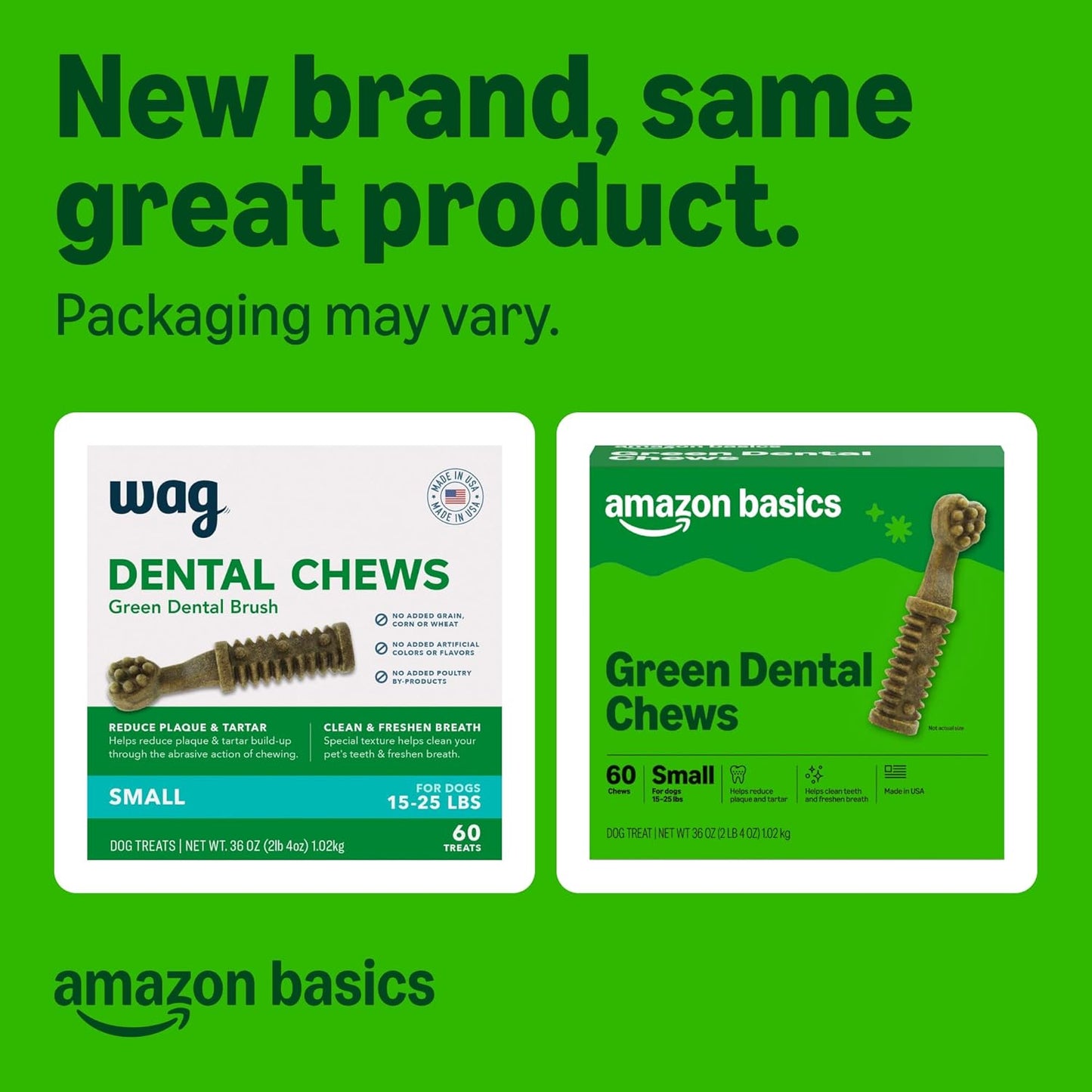 Amazon Basics Dental Dog Treats to Help Clean Teeth & Freshen Breath for Small Dogs, Small, Unflavored, per Pack: 60 Count, 2.25 Pounds (Previously Wag)