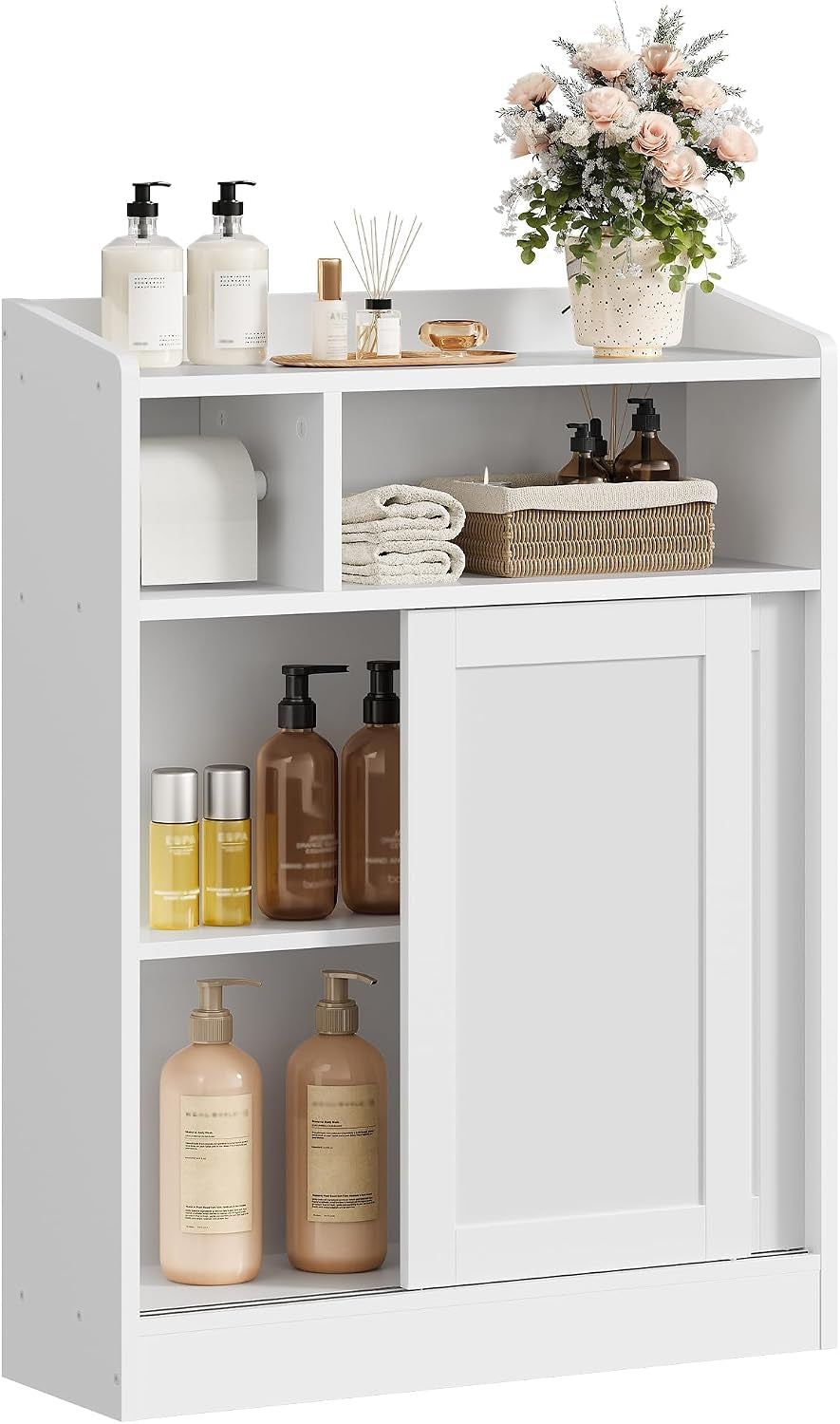 CHOEZON Slim Bathroom Storage Cabinet, Bathroom Floor Cabinet, Storage Organizer with Toilet Paper Holder, Sliding Doors and Adjustable Shelf, for Small Spaces, Bathroom, Living Room, Kitchen, White