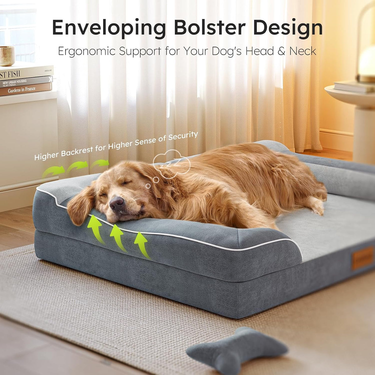 CWAWZ XXL Dog Bed for Extra Large Dogs, Giant Orthopedic Dog Beds with Cooling Gel Memory Foam, Waterproof Pet Bed with Removable Washable Cover, 53" Pet Sofa Bed Velvet with Bone Toy, Dark Gray