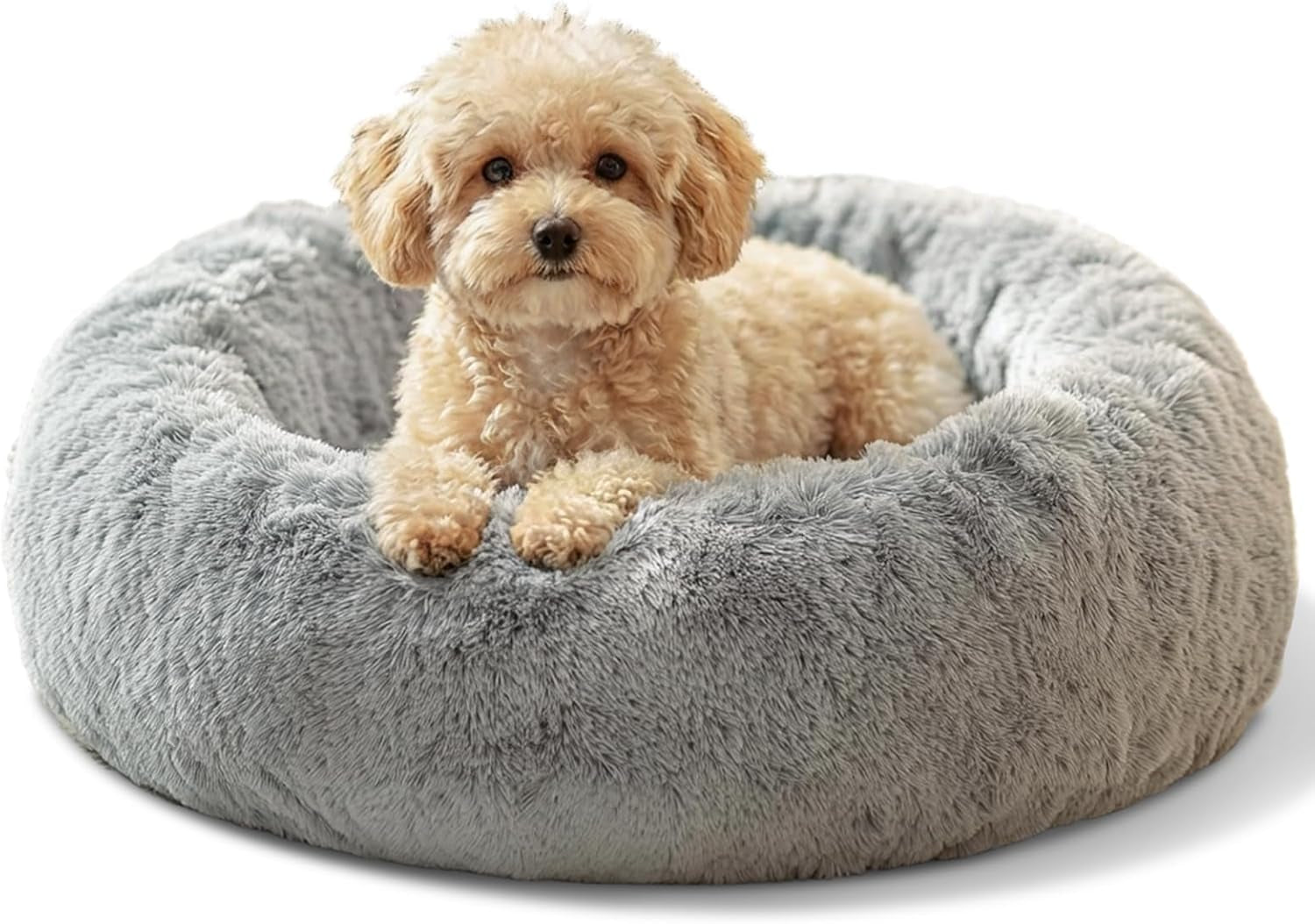 JOLLYVOGUE Small Dog Bed, Calming Dog Beds for Small Dogs & Indoor Cats - 20 Inches Donut Washable Cat Bed for Kittens & Puppies, round Fluffy Plush Faux Fur Pet Beds(Smoke Grey)