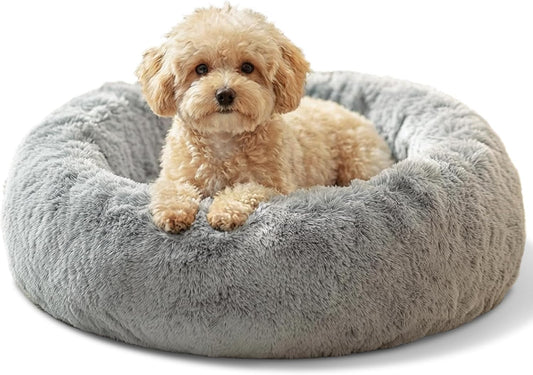 JOLLYVOGUE Small Dog Bed, Calming Dog Beds for Small Dogs & Indoor Cats - 20 Inches Donut Washable Cat Bed for Kittens & Puppies, round Fluffy Plush Faux Fur Pet Beds(Smoke Grey)