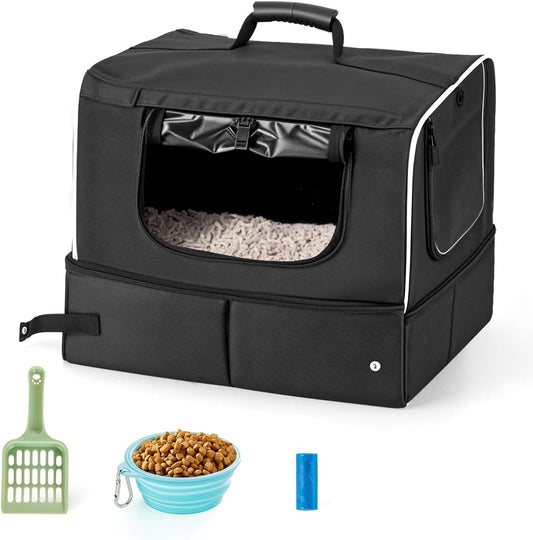 Cat Enclosed Travel Litter Box Kit with Lid Odorless Dustless, Lightweight Cat Portable Foldable Litter Box for Indoor and Car