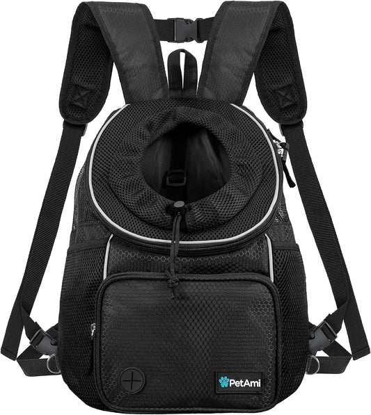 Petami Dog Front Carrier Backpack, Adjustable Dog Pet Cat Chest Carrier Backpack, Ventilated Dog Carrier for Hiking Camping Travel, Small Medium Dog Puppy Large Cat Carrying Bag, Max 15 Lbs, Black