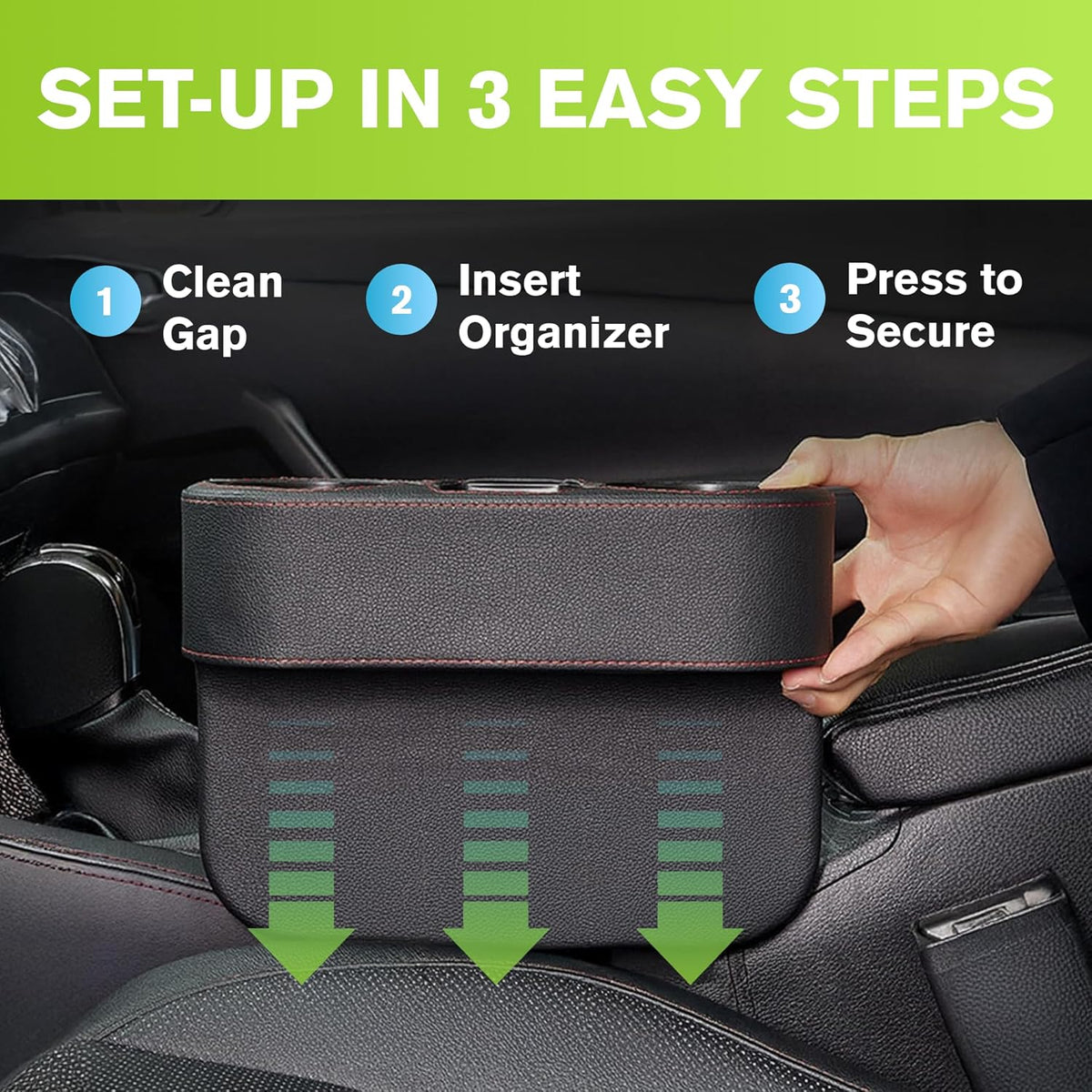 IOKONE Car Cup Holder, PU Leather, Car Seat Gap Filler Organizer, Black