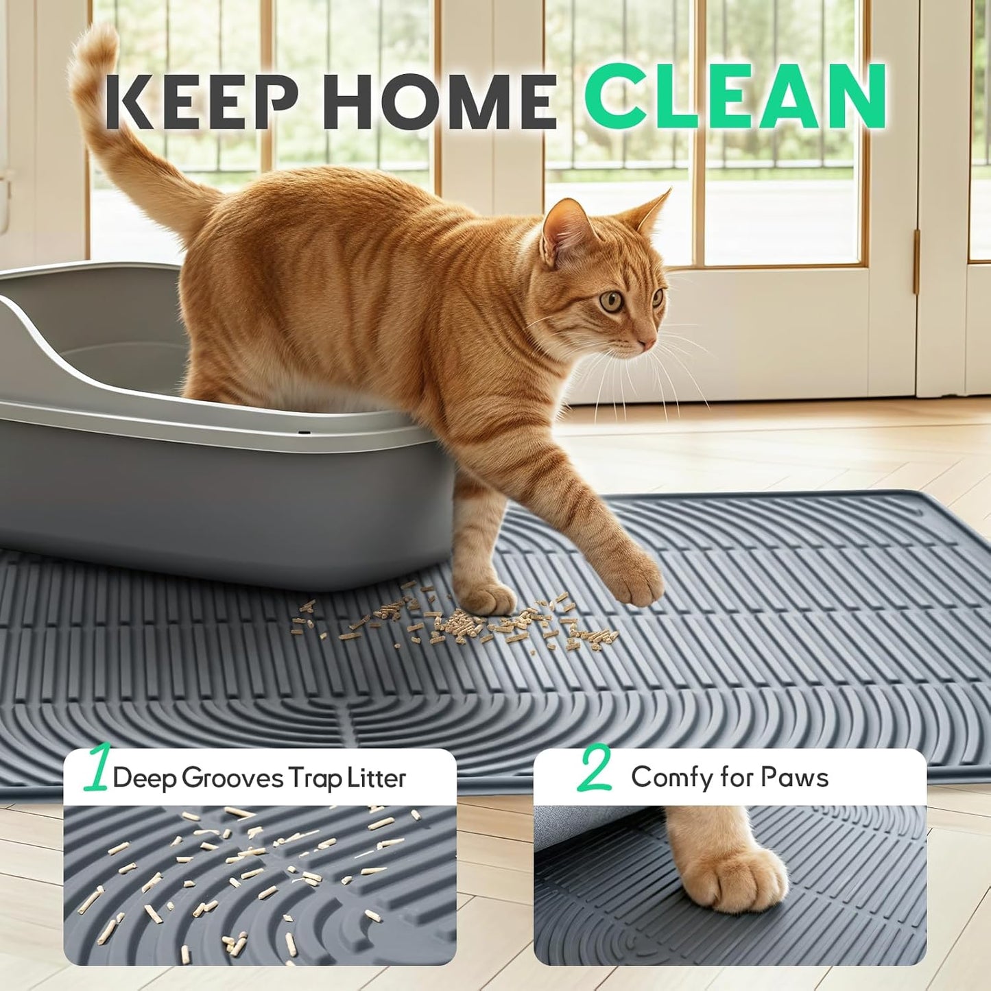 Pawtasy Cat Litter Box Mat,40" X 28" Extra Large Silicone Waterproof Litter Trapping Mat for Scatter Control Soft on Kitty Paws Non-Slip Easy to Clean