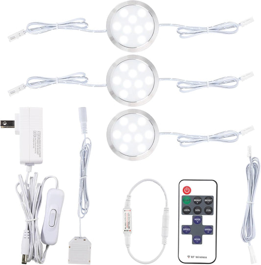 Kitchen above under Cabinet Lights Kit, Linkable Daisy Chained Wired round LED Puck Light, Wireless Remote Dimmable, 120V to 12V Wall Plug in Counter Lighting Fixture, 3 Lights, Cool White