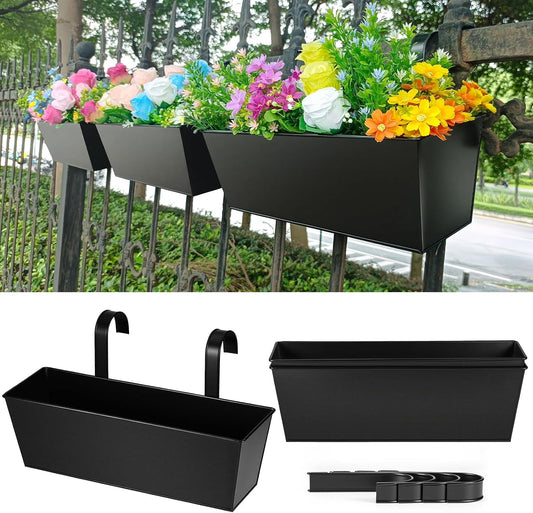 3 Pcs Large Hanging Flower Pots for Railing or Fence 16 Inch Railing Planter Box for Any Balcony, Porch or Deck Countryside Style Window Planter Boxes Are Perfect to Herbs & Flowers for Garden (Black)