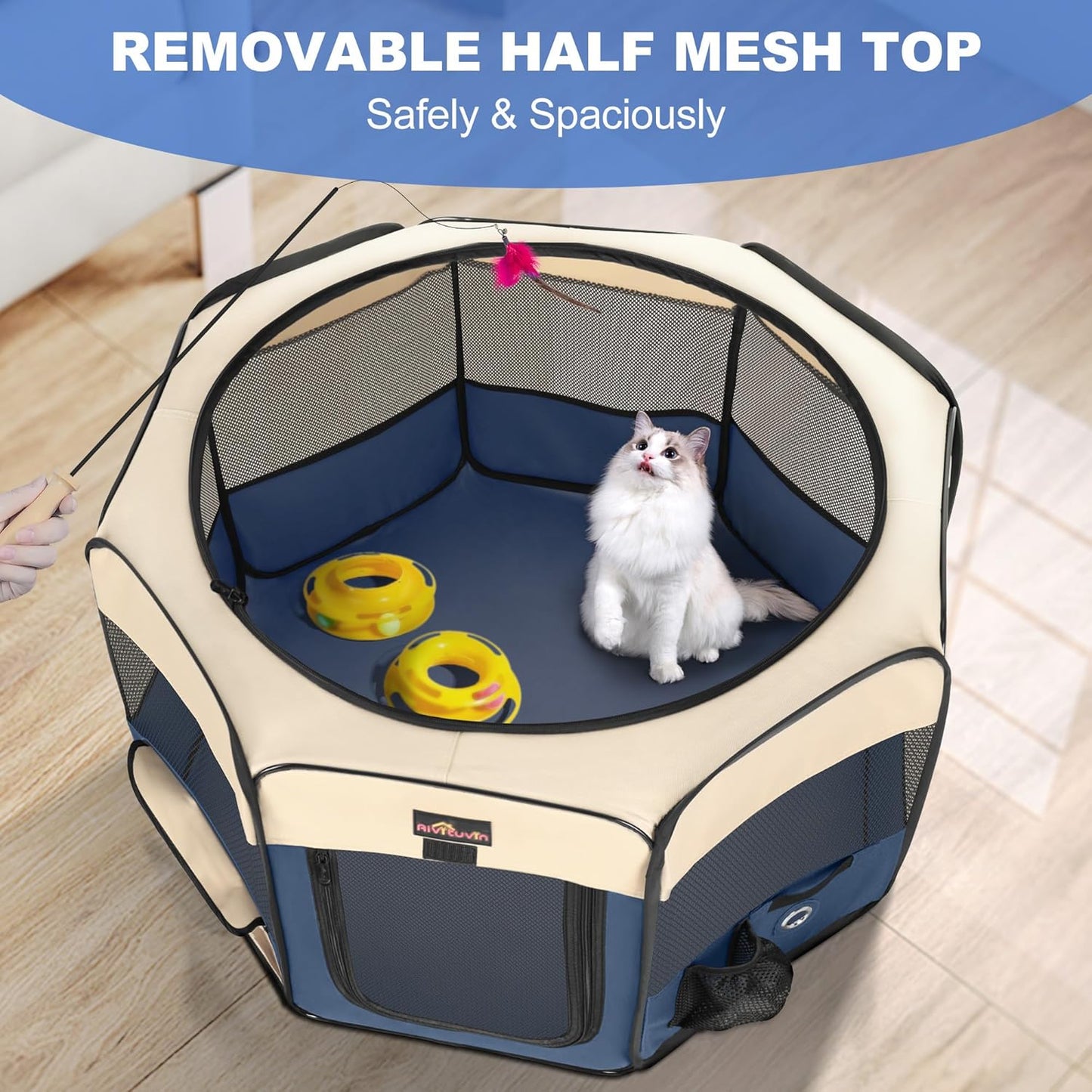 Aivituvin Dog Playpen, Foldable Pet Play Pens with Carrying Bag for Cat, Puppies, Rabbits, Portable Dog Tent Crates Cage for Travel Camping Indoor Outdoor, Removable Shade Cover, Blue S