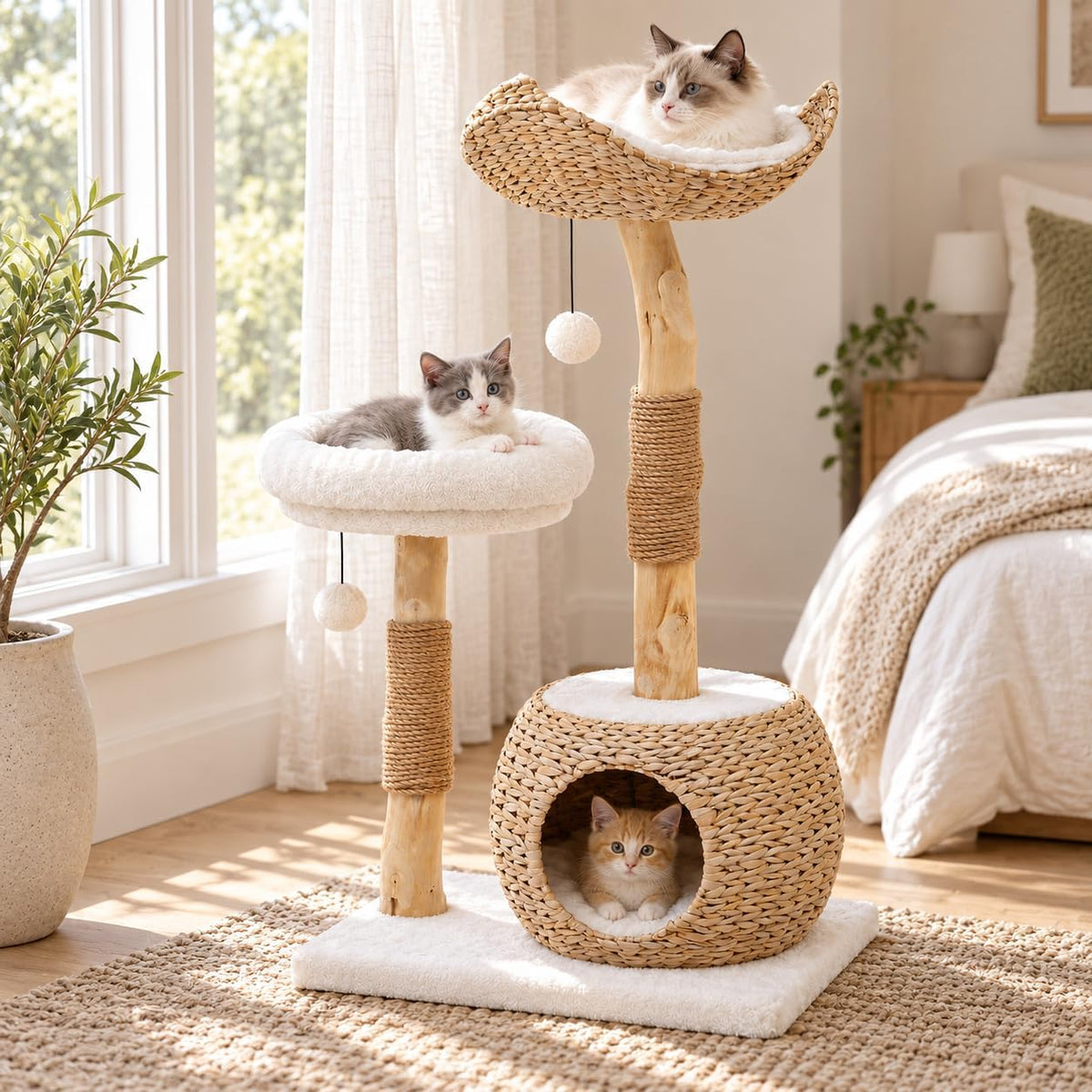 41“ Mau Cat Tree Tower for Indoor Cats, Modern Cat Tree Real Wood Cat Condo with Scratching Post, Jumping Platforms, Hanging Toy Ball for Multi-Cat Households