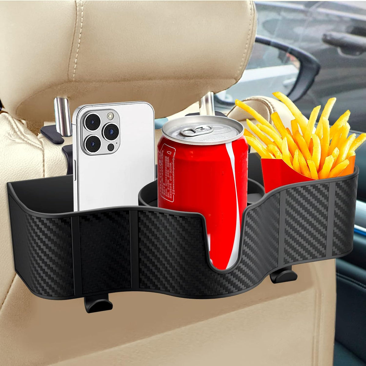 OUSHASAA 3-In-1 Car Headrest Organizer with 3.7" Cup Holder & Hooks-1Pc