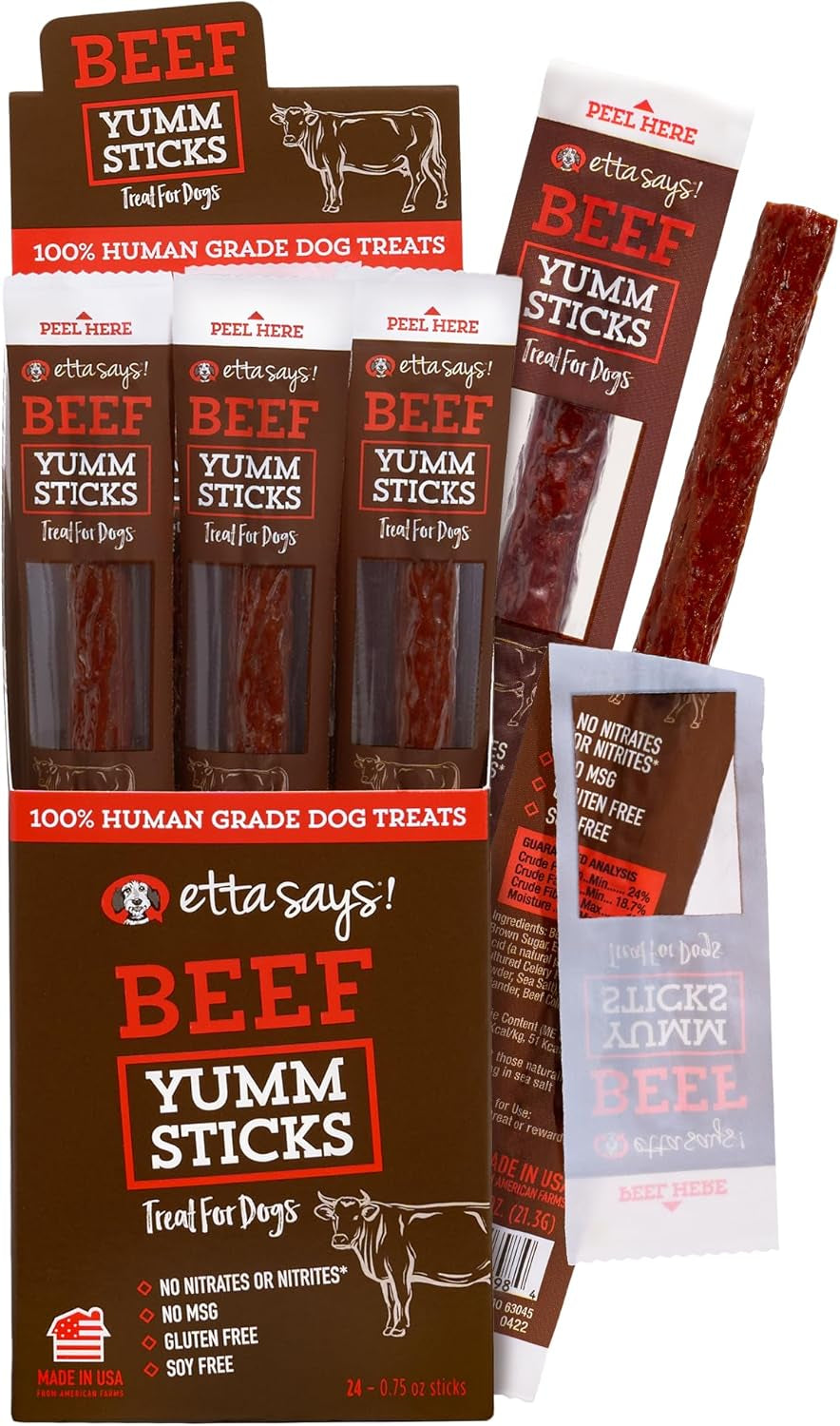 Etta Says! Yumm Sticks, Human-Grade Beef Dog Jerky Treats, 24 Count, 1 Pack