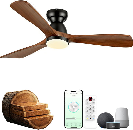 52In Smart Flush Mount Ceiling Fans with Lights,Outdoor Low Profile Wood Ceiling Fan Quiet DC Motor,Work with Alexa/Gg Voice Control/App/Remote,Dimmable,6-Speed,3 Wood Blades Fan for Patio,Dark Walnut