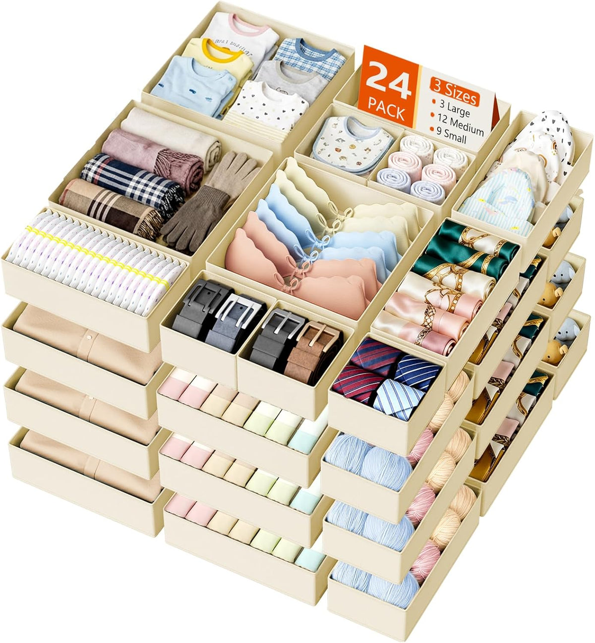 DIMJ Drawer Organizer Clothes 24 Pack - Foldable Baby Organizers and Storage Dresser Organizer for Bedroom, Closet Nursery Organization Dresser Dividers for Underwear, Sock, Bra, Belt, Tie
