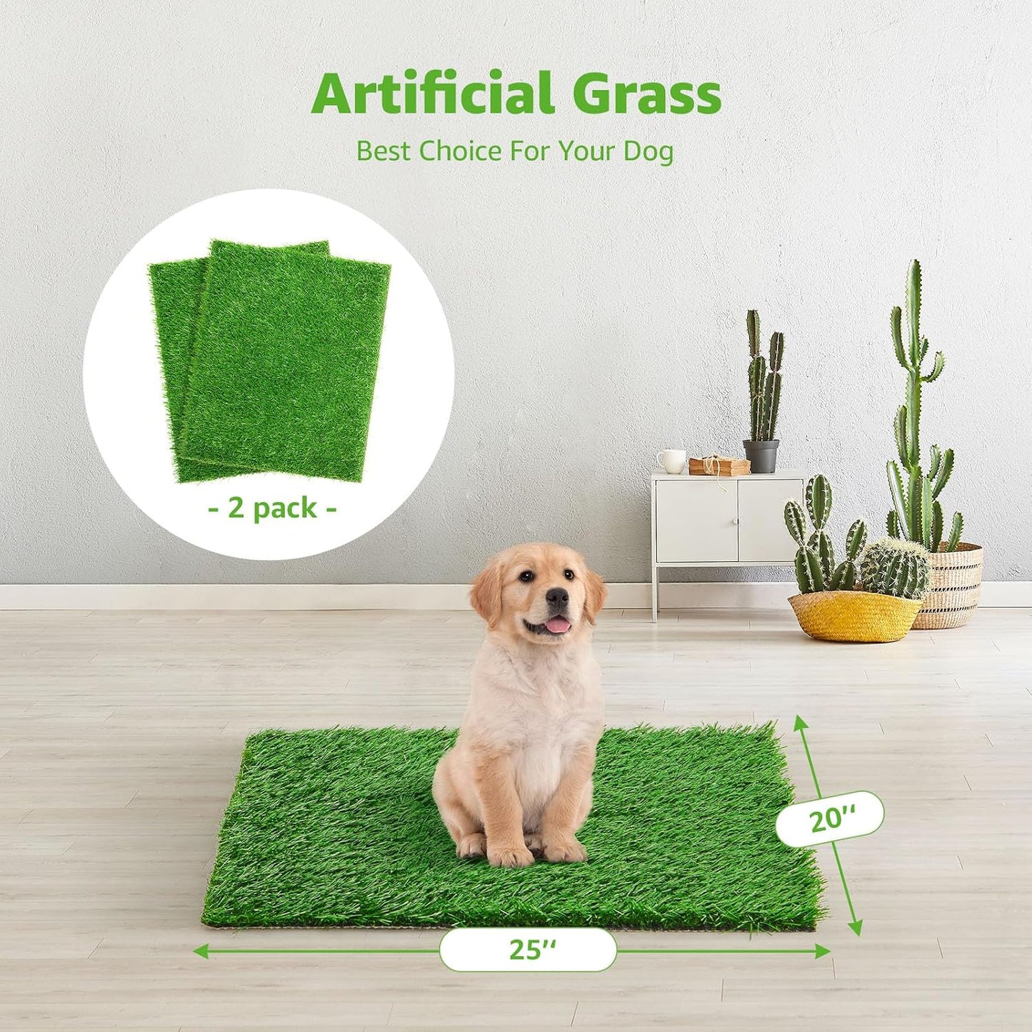 Artificial Dog Grass Pee Pad 20”X 25” 2 Pack, Grass Pad for Dogs Indoor Potty Training, Replacement Turf for Puppy, Washable Reusable Realistic Fake Grass Mat for Apartment, Balcony
