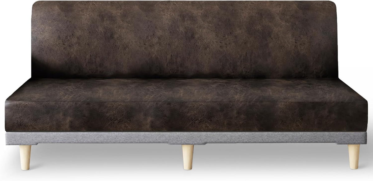 Molasofa Leather like Stretch Futon Slipcover Armless Futon Bed Sofa Cover RV Cushion Covers Soft and Washable Futon Cover for Sofa Bed Stay in Place（Larger，Dark Brown）