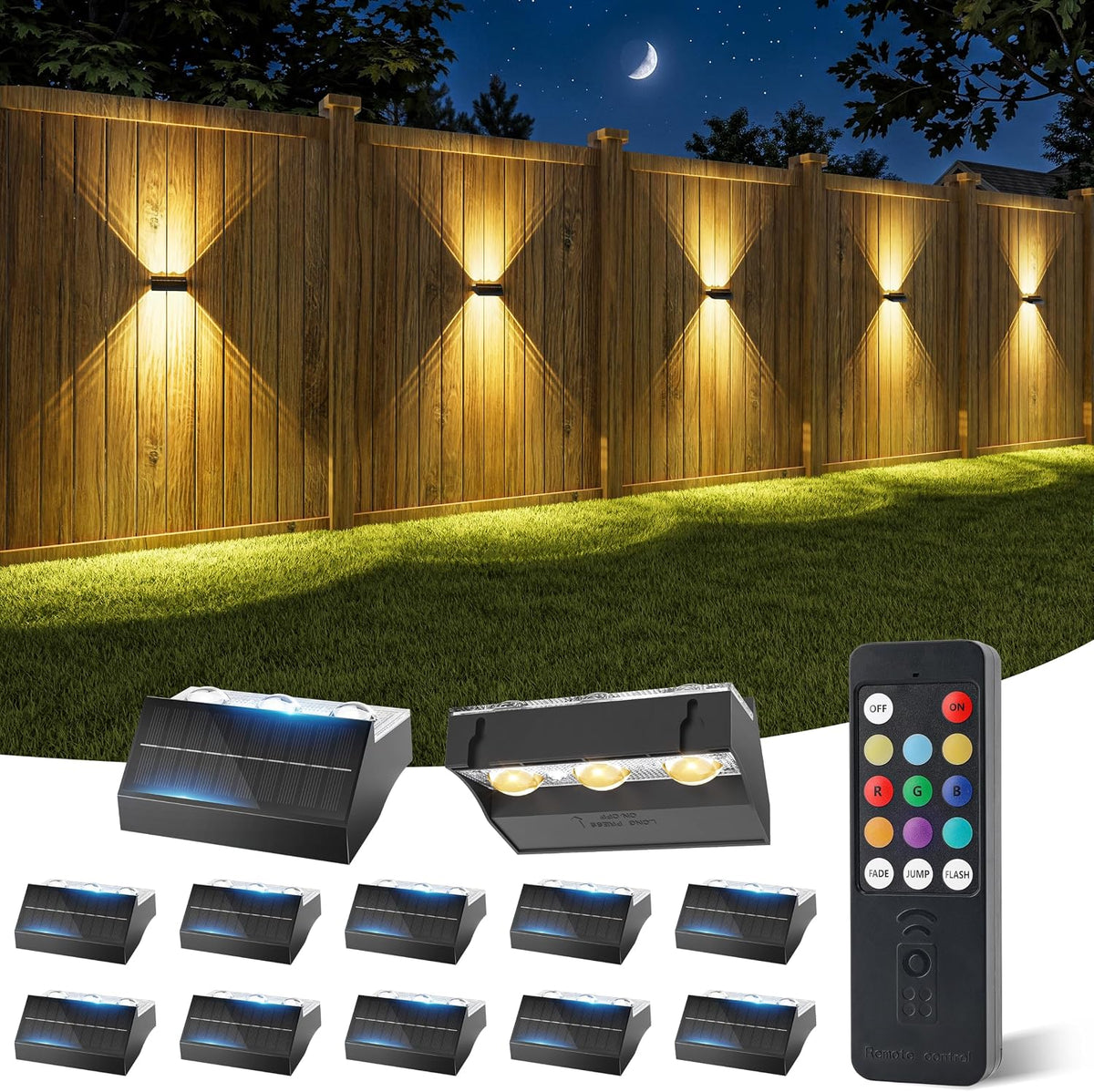 NIORSUN Solar Fence Lights with Remote 12 Pack, up and down LED Waterproof Solar Wall Lights Outdoor, RGB Color Changing with 4 Lighting Modes, Dusk to Dawn Solar Lights for Patio, Railing, Backyard