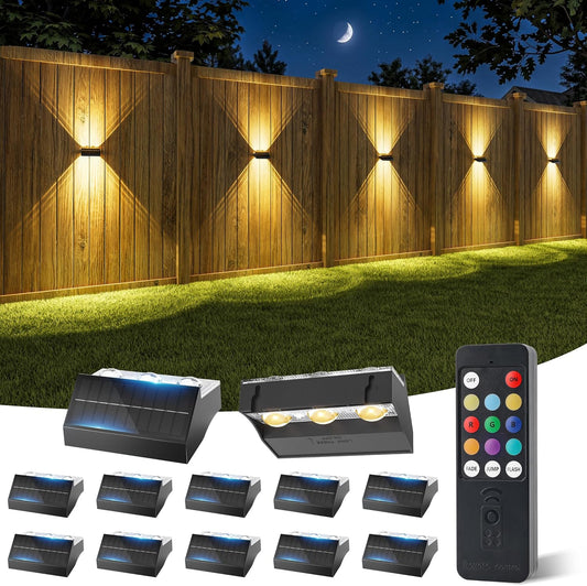 NIORSUN Solar Fence Lights with Remote 12 Pack, up and down LED Waterproof Solar Wall Lights Outdoor, RGB Color Changing with 4 Lighting Modes, Dusk to Dawn Solar Lights for Patio, Railing, Backyard