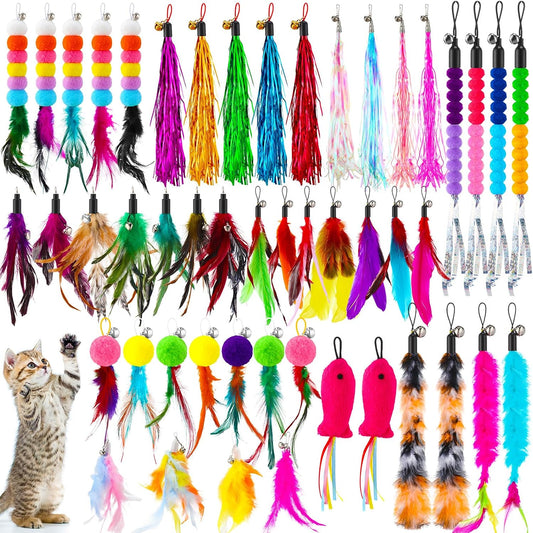 50 Pcs Cat Wand Refill, Feather Toys Replacement with Bells