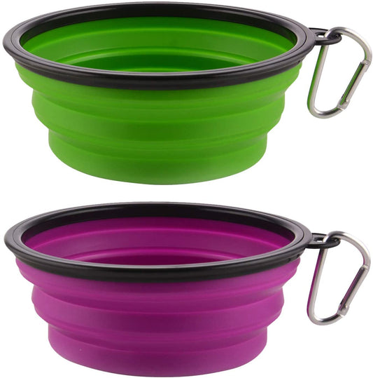 Large Collapsible Dog Bowls, 34Oz Portable Foldable Travel Water Bowl Food Dishes with Carabiner Clip for Traveling, Hiking, Walking, 2 Pack (Purple+Green)