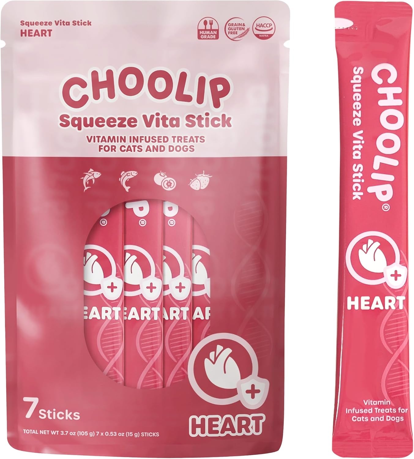 Choolip Squeeze Vita Stick Lickable Cat and Dog Treats, 7-Count Heart Support, Salmon and Tuna with Coq10, Taurine and L-Carnitine, Grain-Free, Vet-Formulated