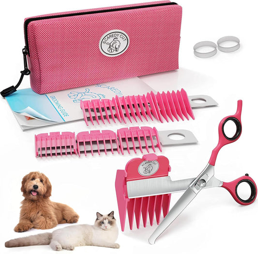 SCAREDY CUT Silent Pet Grooming Kit for Dog, Cat and All Pet Grooming - a Quiet Alternative to Electric Clippers for Sensitive Pets (Right-Handed Pink)