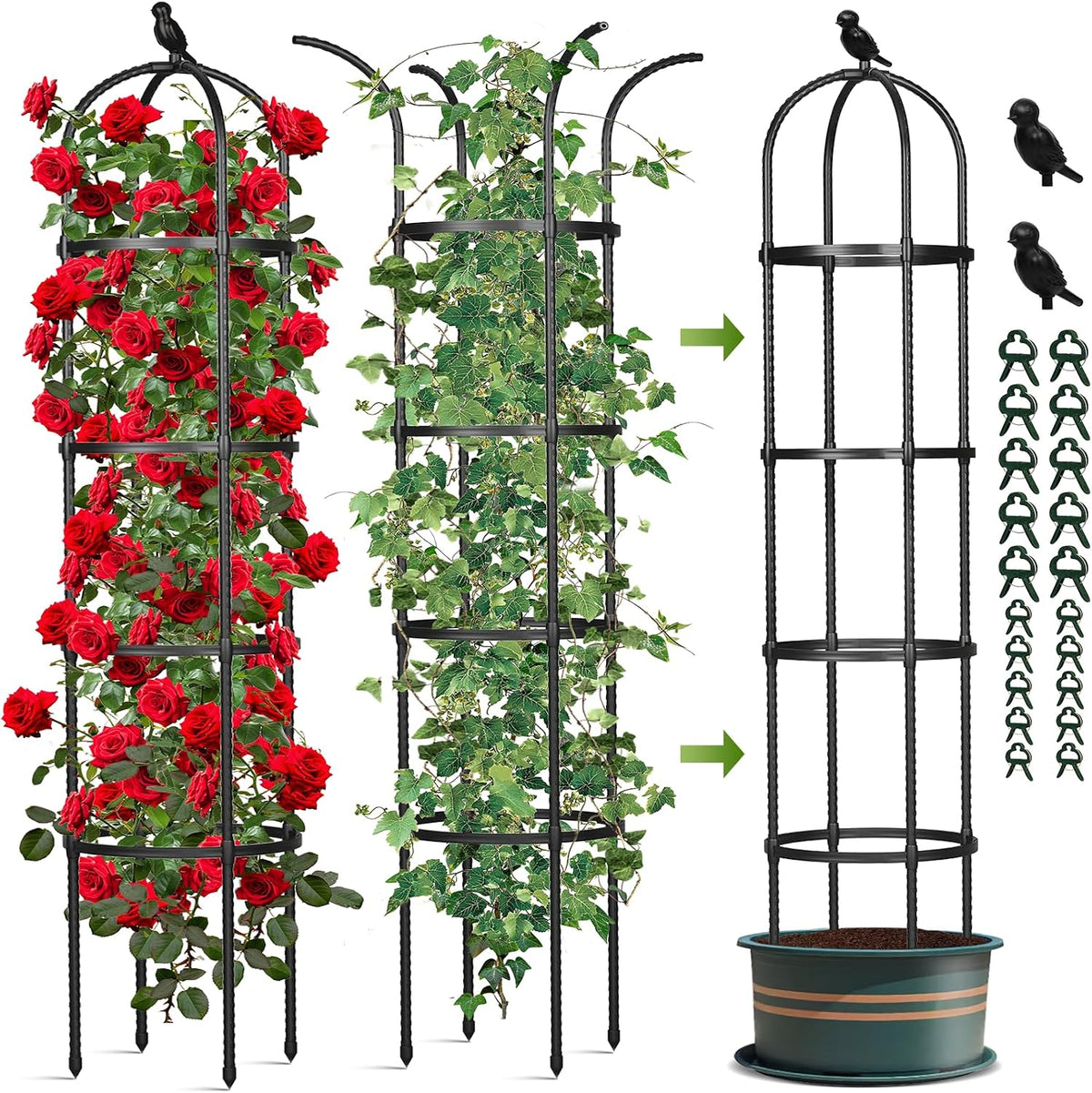 Obelisk Trellis for Climbing Plants Outdoor, 6.2 FT Plant Support for Tomato, Rose, Flowers, Grape, Pea, Cucumber, Rustproof Plastic Coated Metal Plant Tower for Potted Plants - 1PC Garden Trellis
