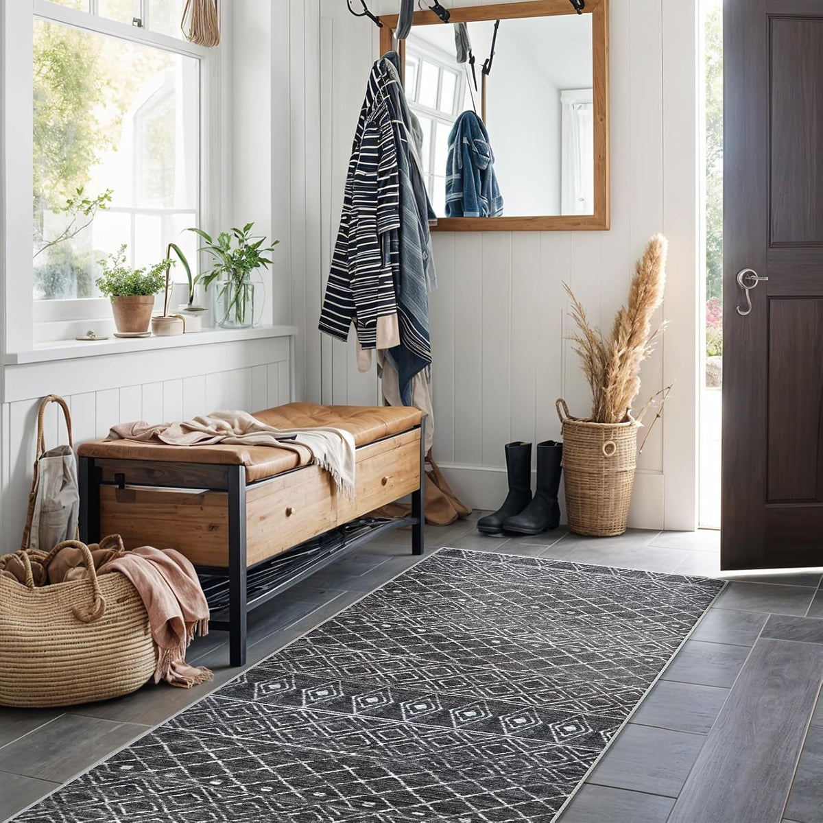2X6 Washable Hallway Rug Runners: Moroccan Non Slip Kitchen Runner Black
