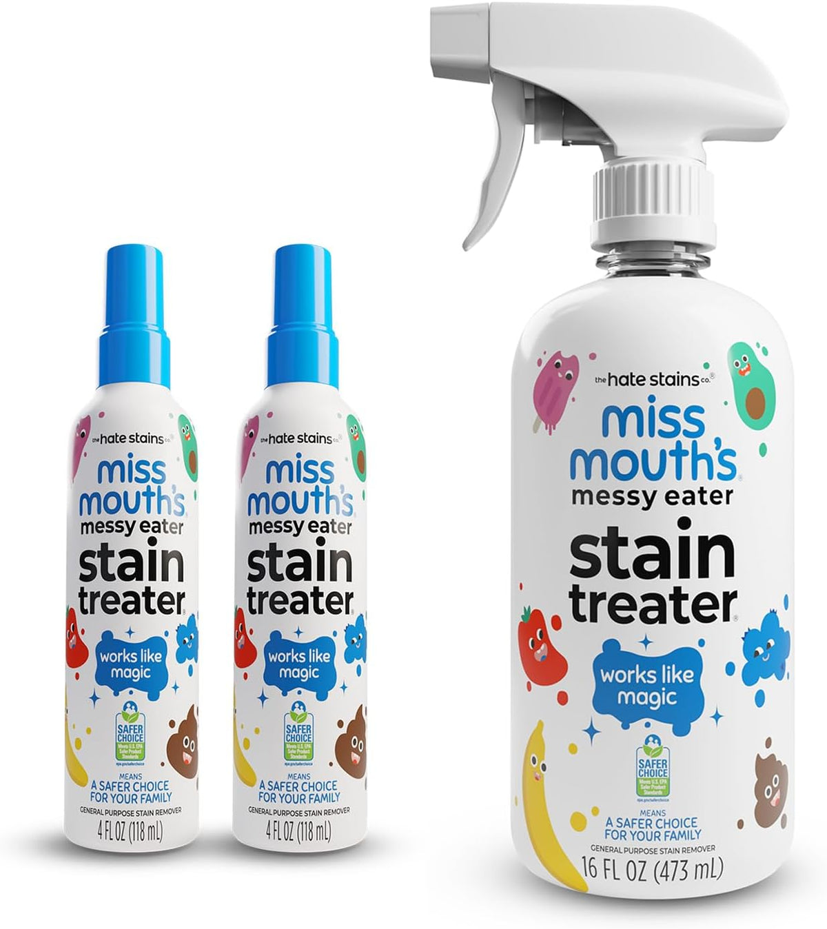 Miss Mouth'S Messy Eater Stain Treater - 4Oz 2-Pack & 16Oz Spray Bottle - Laundry Spot Cleaner for Clothes, Carpet & Upholstery - Baby Stain Remover